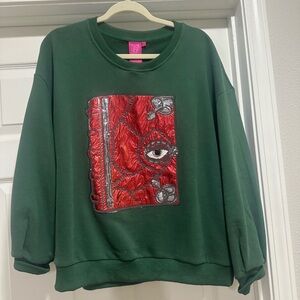 QUEEN OF SPARKLES Green Top with Red and Silver Design